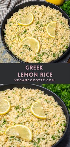 two pans filled with lemon rice on top of a table