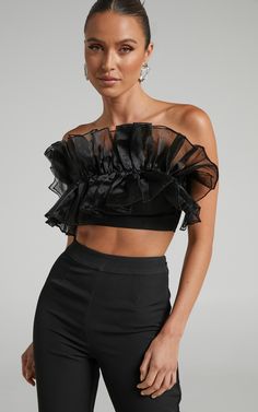 Shaima Strapless Organza Ruffle Crop Top and Pants Two Piece Set in Black | Showpo USA Organza Ruffle Top, Black Tulle Top, Strapless Organza, Crop Top And Pants Set, 2023 Dress, Outfits Birthday, Crop Top And Pants, Wedding September, Leopard Print Outfits