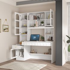 a white desk with a laptop on top of it in front of a bookcase