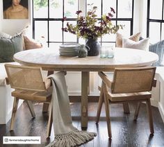 a dining room table with two chairs and a vase filled with flowers on top of it