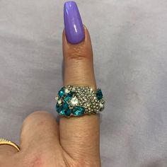 Beautiful Turquoise And White Rhinestone Stretchy Band Ring. Elegant Turquoise Jewelry With Rhinestones, Blue Ring Jewelry For Party, Blue Jeweled Jewelry For Anniversary, Blue Party Ring Jewelry, Blue Rhinestone Round Jewelry, Light Blue Crystal Promise Ring, Dazzling Blue Party Jewelry, Turquoise Gemstone Jewelry For Party, Blue Crystal Jewelry With Rhinestones