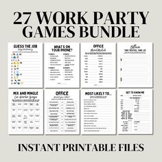 the 27 work party games bundle is shown in black and white with text that reads instant print