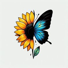 a blue and yellow butterfly sitting on top of a sunflower with wings spread out