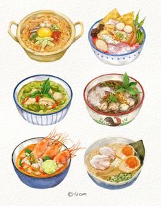 four bowls with different types of food in them on a white background, watercolor