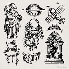 an old school tattoo design with different designs on the back of it, including astronaut and stars