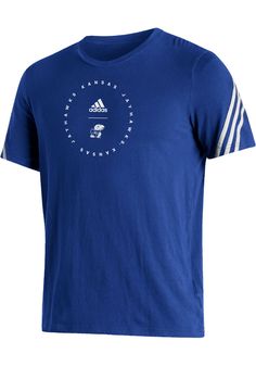 a blue adidas t - shirt with white stripes on the front and back side