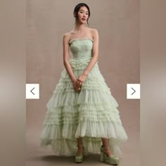 Brand New Size 6 Strapless Tulle Ruffle Gown In Sage From Mac Duggal. Bought It For $560 From Anthropologie. Pastel Wedding Dresses, Green Wedding Dresses, High Low Gown, Black Tie Wedding Guests, Prom 2024, Prom Inspo, Fancy Wedding, Traditional Wedding Dresses, Sage Color