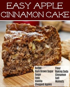 an easy apple cinnamon cake recipe on a cutting board with the title text overlay