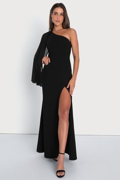 Black Maxi Dress - Cape Sleeve Dress - One-Shoulder Maxi Dress - Lulus Long Sleeve One Shoulder Dress, Black Dress With Cape, Gala Dresses Long, Outfits With Links, One Shoulder Long Sleeve Dress, Motb Dress, Prom Dress Shops, Black Wedding Guest Dresses, Cape Sleeve Dress