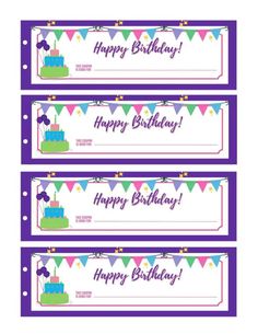 three purple birthday gift tags with the words happy birthday on them