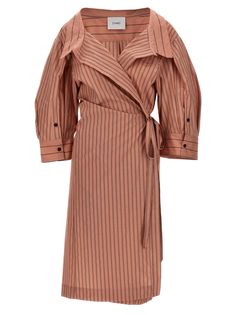 Striped wrap shirt dress in cotton blend with waist tape, pockets, long and wide cuffed sleeves. Composition: 60% cotton 22% polyester 18% polyamide Nude Midi Dress, Wrap Shirt Dress, Striped Shirt Women, Wrap Shirt, Striped Shirt Dress, Striped Midi Dress, Shirt Dress Style, Pink Midi Dress, Stripes Design