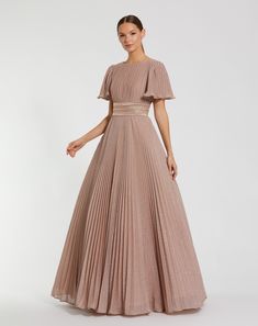 Pleated Shimmering Georgette Flutter Sleeve Gown Maxi Dresses Fall, Evening Dresses With Sleeves, Sleeve Gown, Bride Groom Dress, Daytime Dresses, Pleated Bodice, Tea Length Dresses, Mac Duggal, Gowns Of Elegance