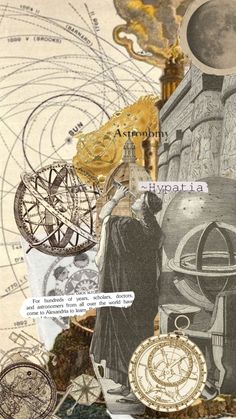 an altered collage with many different things in the background, including a globe and other items