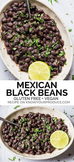 mexican black beans in a white bowl with limes on the side and text overlay that reads, mexican black beans gluten free vegan recipe