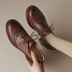 Brogue Carving, 65mm Block Heel. These Oxford Shoes are All Made Of Top Layer Leather, Soft, Flexible And Comfortable, Hand-Cut, Wearing Your Unique Beauty. Details Determine Success Or Failure. Color: Brown/BlackMaterial: Cow Leather Lining: Genuine LeatherInsole: Genuine LeatherSole: RubberHeels: 6.5 cm/2.56"Weight: 0.31kg Each Shoes (measured size 6) Fit: Medium to Wide, Runs Normal.Origin: Made in China Production Time: About 7-10 days (Any exceptional case will email you, Please pay attenti Cute Leather Shoes, Brown Dress Shoes Women's, Women’s Oxford Shoes, Academic Shoes, Women’s Oxfords, Brown Shoes Womens Outfit, Light Academia Shoes, Brown Leather Shoes Women, Formal Shoes Women