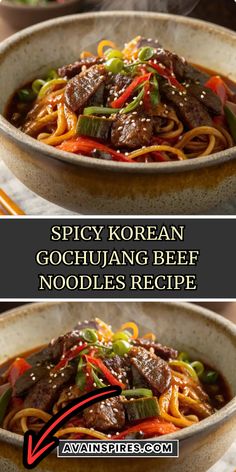 two pictures showing how to make spicy korean beef noodles