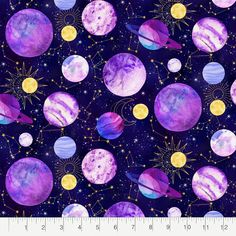 a purple and blue space themed background with planets, stars and the moon in the sky