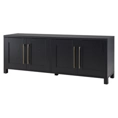 the sideboard is black and has gold handles on each door, and two doors are closed