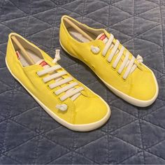 Women’s Yellow Camper Peu Ramble Vulcan Shoes, New In Box Spring Outdoor Sneakers, Summer Walking Sneakers, Closed Toe, Summer Walking Sneakers With Closed Toe, Spring Outdoor Sneakers Closed Toe, Spring Canvas Sneakers With Closed Toe, Closed Toe Sneakers For Walking In Summer, Casual Yellow Sneakers With Textured Sole, Spring Canvas Sneakers Closed Toe, Summer Walking Sneakers