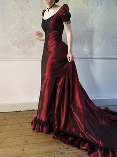 Vintage Wedding Dresses Red Satin Black Lace Sweep Train Bridal Gowns  | eBay Burgundy Gothic Wedding Dress, Red Victorian Dress, Victorian Ball Gowns, Victorian Ball, Victorian Era Dresses, Victorian Wedding Dress, Victorian Gown, Womens Costumes, Bustle Dress