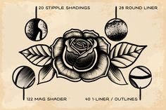 an old - fashioned rose tattoo design with different shapes and sizes