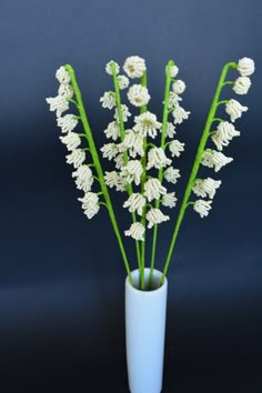 white flowers are in a blue vase on a black background