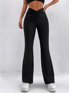 Black Casual Collar  Fabric Plain Flare Leg Embellished High Stretch  Women Bottoms Black Flares, Ruched Pants, Black Flare Pants, Stylish Work Attire, Flared Leggings, Cute Pants, Black Flare, Dr Closet, Flare Leg Pants