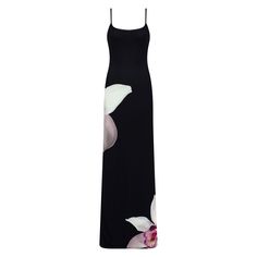 Black dress with spaghetti straps, featuring a bold white floral print. The flowers are prominently displayed on the front of the dress, creating a striking contrast against the black fabric. The design is elegant and eye-catching, ideal for both casual and formal occasions. 90% Polyester 10% Lycra, Do Dry Cleaning  Made in Turkey Chic Black Printed Maxi Dress, Elegant Black Printed Floral Dress, Chic Black Fitted Floral Dress, Black Fitted Floral Dress For Evening, Elegant Black Printed Dress, Chic Black Floral Print Dress, Chic Fitted Black Floral Dress, Elegant Black Floral Maxi Dress, Black Printed Evening Dress