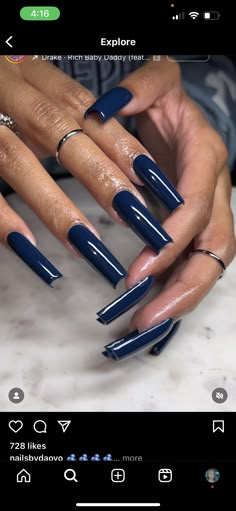 Navy Blue Tapered Square Nails, Winter Color Acrylic Nails, Dark Colour Acrylic Nails, Long Blue Nails Acrylic, Coffin Navy Blue Nails, Long Dark Blue Nails, Dark Blue Nails Square, Navy Nails Almond, Navy Blue Nails Square