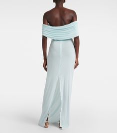 Crochet-trimmed off-shoulder maxi dress in blue - Magda Butrym | Mytheresa Mythical Sea Creatures, Gathered Maxi Dress, Breton Stripes, Mermaid Core, Off Shoulder Maxi Dress, Grey Maxi Dress, Magda Butrym, Maxi Jersey Dress, Maxi Dress Green