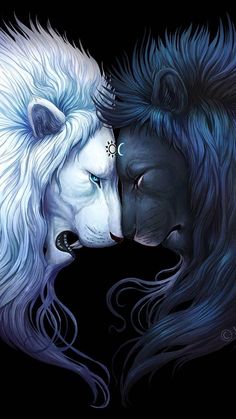 two white lions facing each other with their faces painted to look like they are hugging