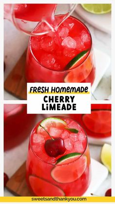 fresh homemade cherry limeade is served in glasses with ice and garnishes