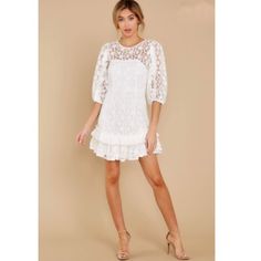 Nwot Sweet Love White Lace Dress Size Xs. This One Of A Kind Lace Dress Features Sheer Lace Detailing, Three Quarter Sleeves With Elastic Cuffs And A Functional Zipper At Back. 90% Polyester And 10% Spandex. Mini Lace Dress With Lace Trim For Brunch, White Ruffle Hem Mini Dress, Brunch Lace Mini Dress, White Flirty Mini Hem Dress, White Knee-length Mini Dress With Ruffle Hem, Feminine Lace Mini Dress With Puff Sleeves, Feminine Mini Dress With Lace Sleeves, Feminine Lace Mini Dress For Date Night, Flirty Knee-length Mini Dress For Daywear