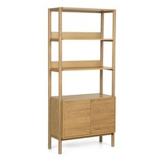 the shelving unit is made out of wood and has two drawers on each side