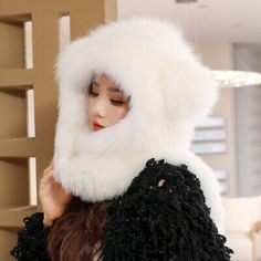 Great Shopping Women Winter Fluffy Knitted Genuine Fox Fur Hats&Scarves Neck Warm Hooded Scarfs, Womens Accessories