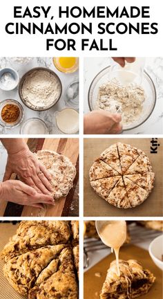 the steps to make cinnamon scones for fall are shown in this collage with text that reads, easy homemade cinnamon scones for fall