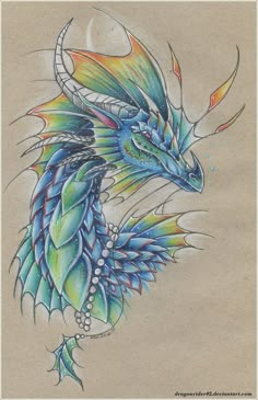 a drawing of a blue dragon with green wings and orange tail, sitting in front of a full moon