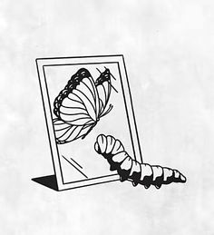 a black and white drawing of a butterfly looking at itself in a mirror with its wings extended