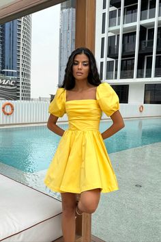 A delicate midi-length dress with the most feminine "godet" silhouette skirt in Yellow. Drapery on the bodice line is designed to ensure your look to be joyful and romantic. The garment has a fitted cut and puffy sleeves. The dress favorably emphasizes the silhouette, tightly fitting the hips, expanding to the bottom. The dress will make you feel the prettiest and good looking ever. Draped Bodice, Be Joyful, Satin Long Sleeve, Puffy Sleeves, Midi Length Dress, Yellow Dress, Dress Collection, Midi Length, Party Outfit