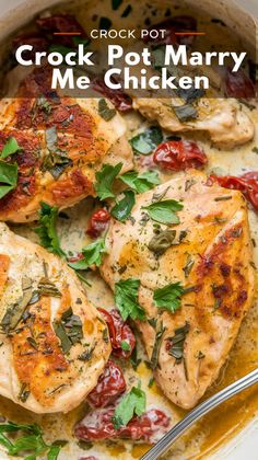 crock pot chicken with tomatoes and herbs on top in a white dish, garnished with parsley