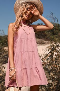 Rosy Brown Tie Back Sleeveless Tiered Dress Clothes Pearl Outfits, Senior Photo Shoot Ideas, Summer Outfits Sandals, Senior Photo Shoot, Travel Outfit Ideas, Tiered Dresses, Pleated Mini Dress, Things To Sew, Ruffle Hem Dress