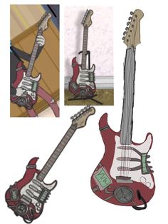 an electric guitar is shown in three different positions