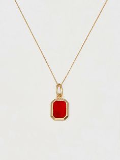 Editor's NotesPANACHE CHASUNYOUNG presents a classic pendant necklace. The color contrast of yellow gold and red highlights the item. - Square angled pendant- Yellow gold and red combination- Antique metal- Logo charm drop- Luxurious and feminine mood Measurements(in.)One Size- Size: 15.75 in. ( + 1.97 in. ) Composition & Care- Material: Natural Carnelian, Antique Gold Plated Brass- Plated products may discolor over time due to their nature.- Please be careful that d Luxury Metal Square Pendant Necklace, Red Necklace With Large Pendant For Formal Occasions, Formal Red Necklace With Large Pendant, Red Locket Necklace For Formal Occasions, Red Amulet Pendant Necklace, Red 14k Gold Pendant Necklaces, Red Polished Pendant Necklaces, Red Pendant Necklace With Polished Finish, Red Locket Necklace With Round Pendant