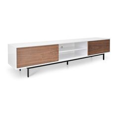 the sideboard is white and brown with black legs