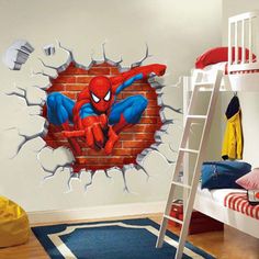 a spiderman wall sticker on the side of a brick wall in a child's bedroom