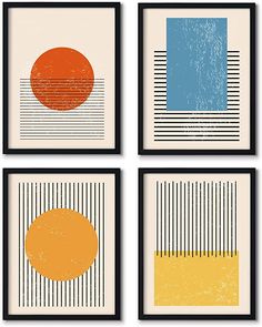 four framed art pieces with different shapes and lines on them, each featuring an orange circle