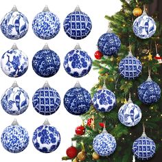 twelve blue and white ornaments hanging from a christmas tree in front of a decorated christmas tree