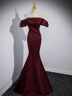 Mermaid off Shoulder Satin Burgundy Long Prom Dress Outfits For Girls Dark Burgundy Dress Formal, Wine Red Elegant Dress, Burgundy Reception Dress, Elegant Red Carpet Dresses, Red Prom Dresses Long Mermaid, Satin Dresses Formal, Burgundy Dress Formal, Off The Shoulder Dress Formal, Prom Dresses Maroon