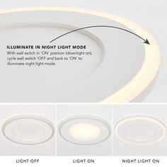 three different types of lights on the ceiling and below it are labeled with instructions for how to use them