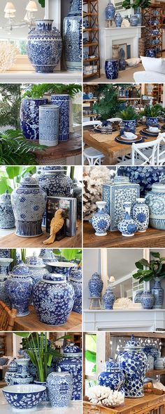 many blue and white vases are on display